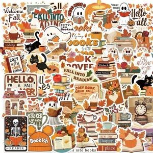 50 Fall Harvest Reading Stickers Cozy Autumn Cats Pumpkin Latte Ghost Books